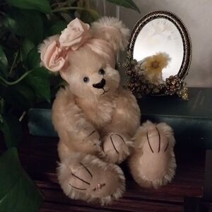 Jointed Mohair Teddy Bear Clasped Hands Pink Headwrap Blue Eyes Collectiblepmcl1
